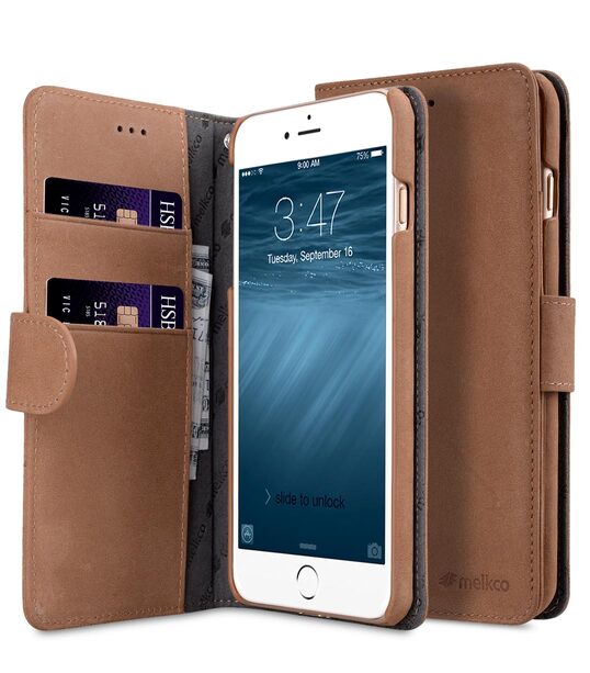 Melkco Premium Leather Case for Apple iPhone 7 / 8 (5.5")Plus - Wallet Book Type (Classic Vintage Brown)