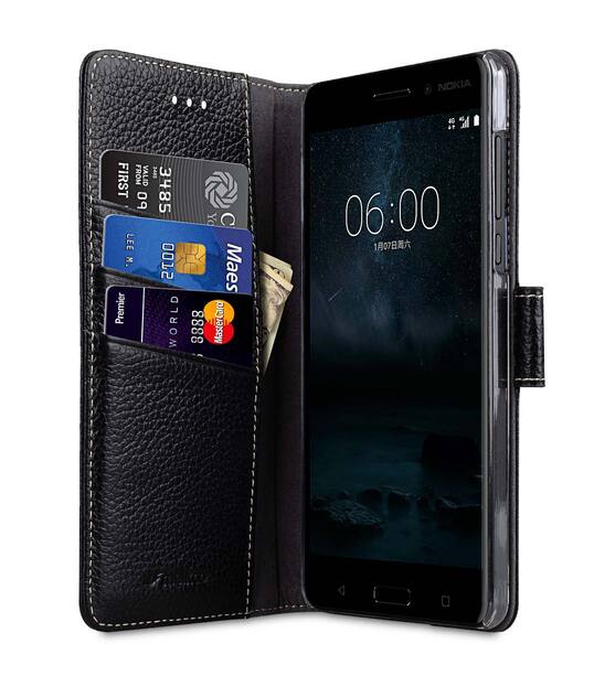 Premium Leather Case for Nokia 6 - Wallet Book Clear Type Stand (Black LC)