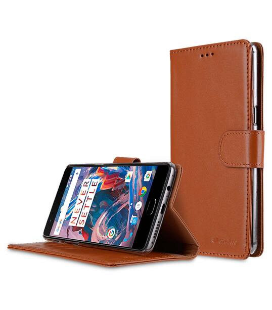 Premium Leather Case for One Plus 3 / 3T - Wallet Book Clear Type Stand (Brown CH)