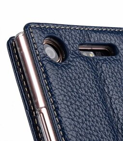 Melkco Wallet Book Series Lai Chee Pattern Premium Leather Wallet Book Clear Type Stand Case for Sony Xperia XZ1 - ( Dark Blue LC )
